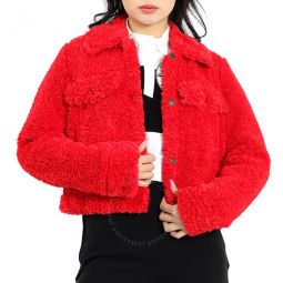 Ladies Faux Sherpa Trucker Jacket In Red, Size Medium