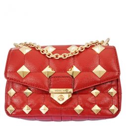 Ladies Soho Small Studded Quilted Patent Leather Shoulder Bag - Crimson