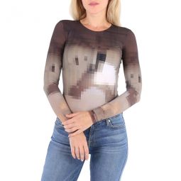 MM6 Ladies Pixelated Brown Digital Print Bodysuit, Size Small
