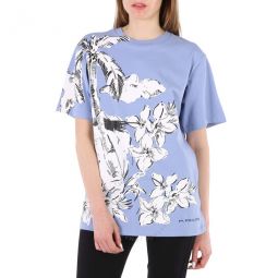 Light Blue Floral Print Cotton Crew Neck T-Shirt, Size Medium