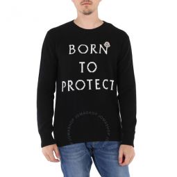 Mens Black Born To Protect Logo Intarsia Wool Jumper, Size Medium