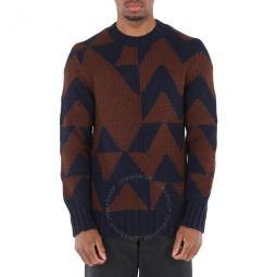 Mens Geometric Pattern Knitted Crewneck Sweater, Size Small