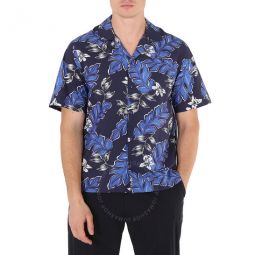 Mens Navy Hawaiian-Print Cotton Shirt, Size Medium