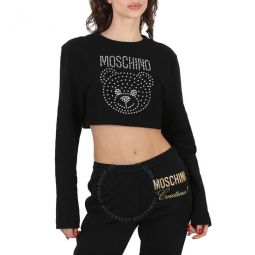 Fantasy Print Black Crystal Teddy Cropped Cotton Sweatshirt, Brand Size 38 (US Size 4)