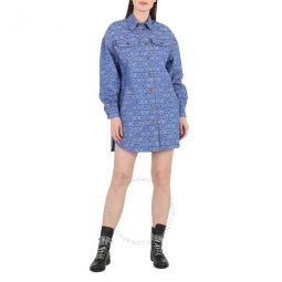 Fantasy Print Blue All-Over Logo Long-Sleeve Denim Shirt Dress, Brand Size 38 (US Size 4)