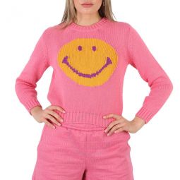 Fantasy Print Fucsia Smiley Logo Intarsia Sweater, Brand Size 36 (US Size 2)