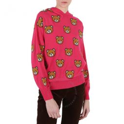 Fucsia Teddy Bear Intarsia Hooded Sweater, Brand Size 38 (US Size 4)