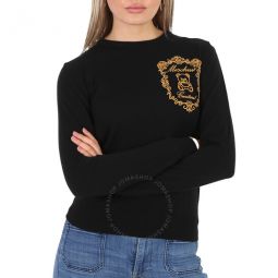 Ladies Black Teddy-Embroidered Crewneck Jumper, Brand Size 36 (US Size 2)