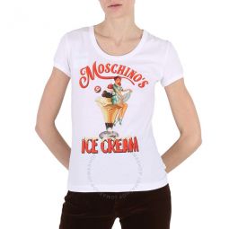 Ladies White Ice Cream Print Cotton T-Shirt, Brand Size 40 (US Size 6)