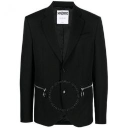 Mens Black Zip-Detail Single-Breasted Blazer, Brand Size 46 (US Size 36)