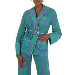 Leaf-Print Pyjama-Style Shirt in Blue/Green, Brand Size 42 (US Size 8)