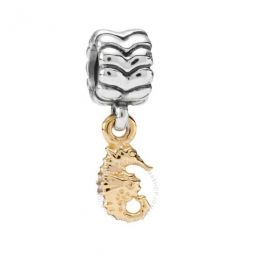 Sterling Silver Bead with 14K Gold Seahorse Nautical Dangle -