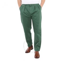 Mens Green Pleated Cotton Chinos, Waist Size 31W-32L