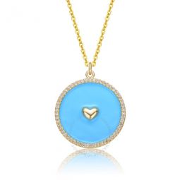14k Yellow Gold Plated with Cubic Zirconia Heart Enamel Round Pendant Necklace