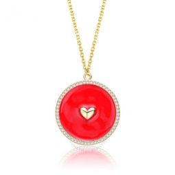 14k Yellow Gold Plated with Cubic Zirconia Heart Enamel Round Pendant Necklace