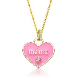 14k Yellow Gold Plated with Cubic Zirconia MAMA Pink Enamel Heart Pendant Layering Necklace