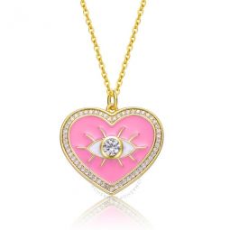 Young Adults/Teens 14k Yellow Gold Plated with Cubic Zirconia Pink Enamel Heart Evil Eye Pendant Necklace