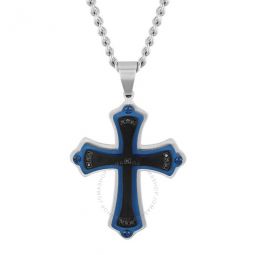 .07CTW Black Diamond Stainless Steel With Black and Blue Finish Mens Cross Pendant