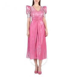 Ladies Silvery Pink Glo Puff-Sleeve Midi Dress, Brand Size 34 (US Size 0)