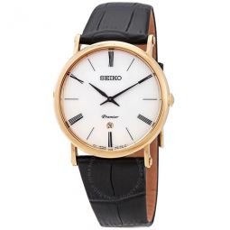 Premier White Dial Black Leather Mens Watch