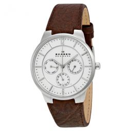 White Dial Brown Leather Mens Watch