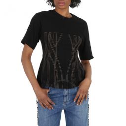 Ladies Black Corset Embroidery T-Shirt, Size X-Small