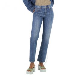 Rhinestone-Embellished Straight Leg Denim Jeans, Waist Size 28