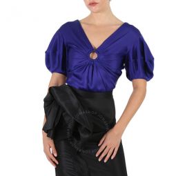 Sapphire Blue Puff-Sleeve Ruched Blouse, Brand Size 38 (US Size 4)