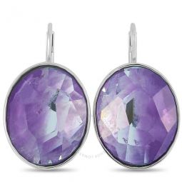 Oval Rhodium-Plated Stainless Steel and Purple Crystal Earrings