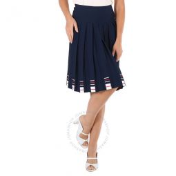 Ladies Blue Stripe-print Box-pleat Skirt, Brand Size 38 (US Size 6)
