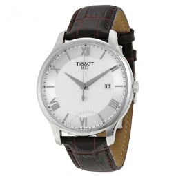 Tradition Silver Dial Brown Leather Mens Watch