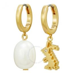 Pave Rabbit And Cultured Freshwater Pearl Mismatch Charm Hoop Earrings