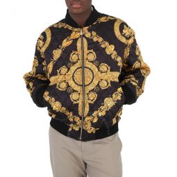 Mens Black / Gold Maschera Baroque-Print Quilted Bomber Jacket, Brand Size 50 (US Size 40)