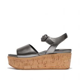 Cork-Wrap Metallic-Leather Back-Strap Wedge Sandals