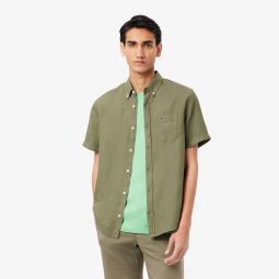 Mens Short Sleeve Linen Shirt Men - Green - Lacoste - Button Down Shirts
