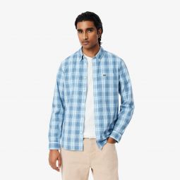 Mens Slim Fit Stretch Plaid Shirt Men - Blue - Lacoste - Button Down Shirts