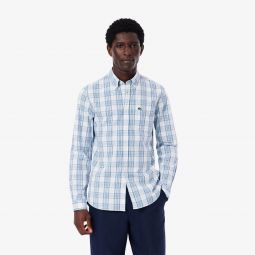 Mens Slim Fit Stretch Plaid Shirt Men - White - Lacoste - Button Down Shirts