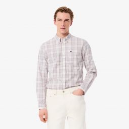 Mens Slim Fit Stretch Plaid Shirt Men - White - Lacoste - Button Down Shirts