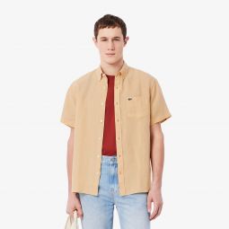 Mens Short Sleeve Linen Shirt Men - Beige - Lacoste - Button Down Shirts