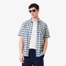 Mens Regular Fit Stretch Plaid Shirt Men - White - Lacoste - Button Down Shirts