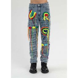 Richgainer Embroidery Patchwork Distreseed Jeans - Blue Multi