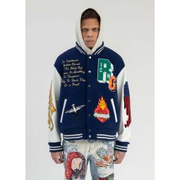 Richgainer Embroidery Patchwork Leather Bomber Jacket - Blue Multi