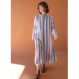 Linen Stripes Shirt Dress - Blue/Tan