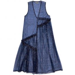 Sequins V Neck Dress with Gathers - Blue/Silver