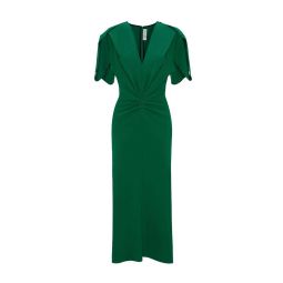 Gathered V-Neck Midi Dress - Emerald
