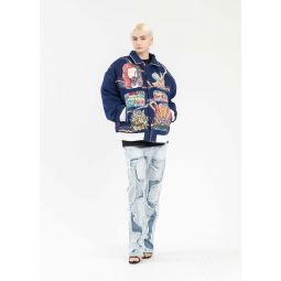 EMBROIDERY PATCHWORK BOMBER JACKET - blue