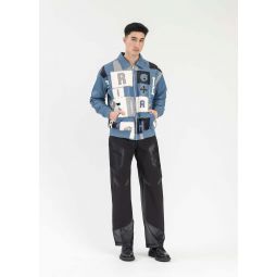 EMBROIDERY PATCHWORK FAUX LEATHER JACKET - blue