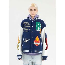 EMBROIDERY PATCHWORK LEATHER BOMBER JACKET - Multi
