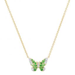 Mini Green and Diamond Ombr Butterfly Necklace - 14K Yellow Gold