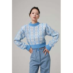 Rowen Rose Oversized Mohair Cropped Sweater With Checked Pattern - Light Blue